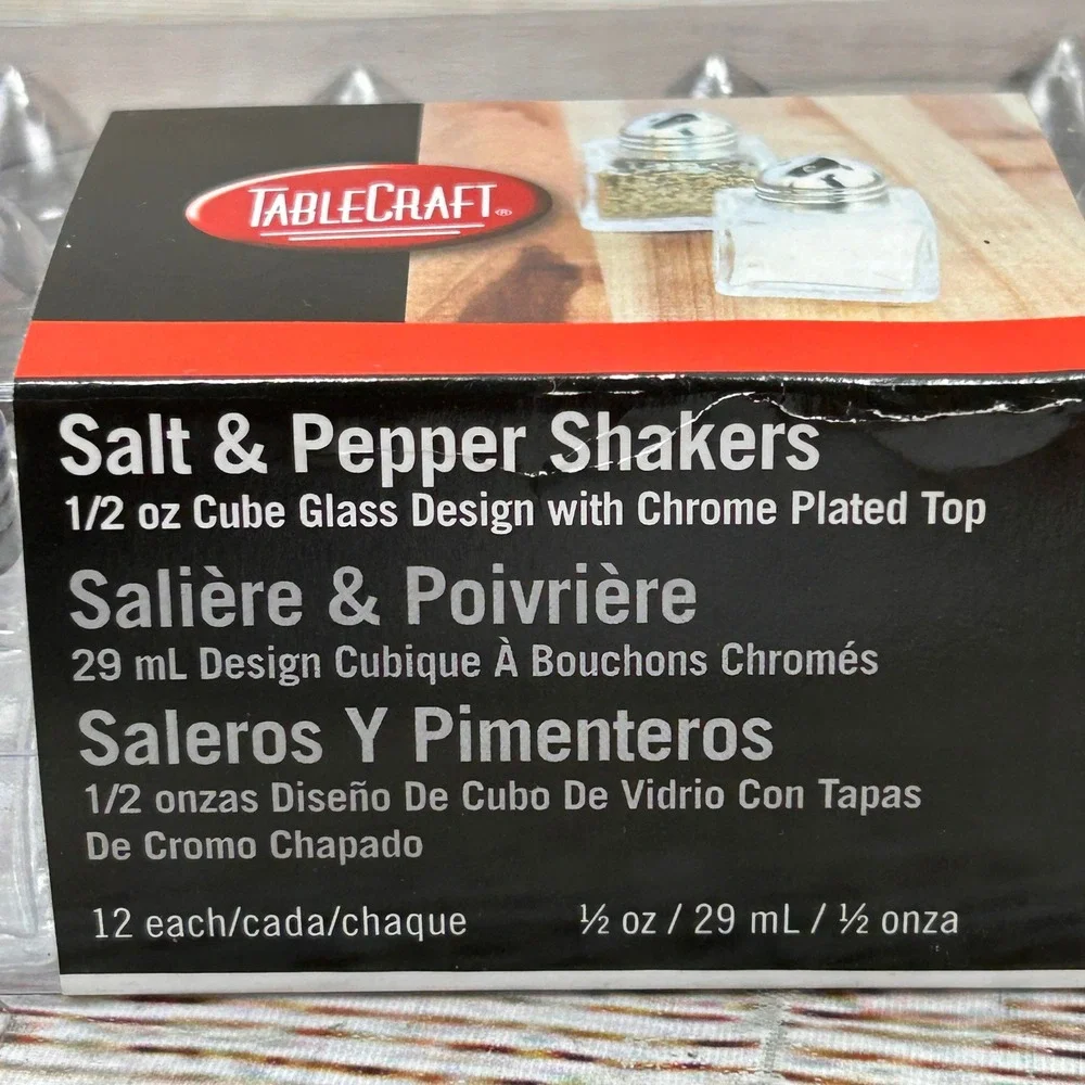 TableCraft 12 Pack 1/2 oz Cube Glass Salt and Pepper Shakers Chrome Top C30A NIB